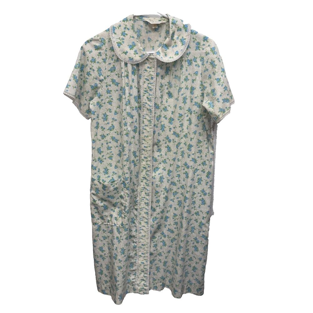 Komar House Dress Women S Blue Floral Vintage Lounger Short Sleeve Snaps Pocket